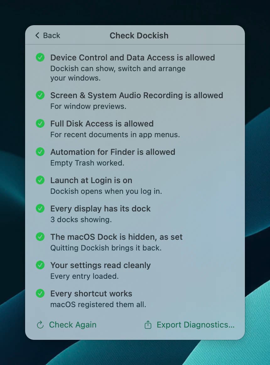 Check Dockish with every line marked as fine