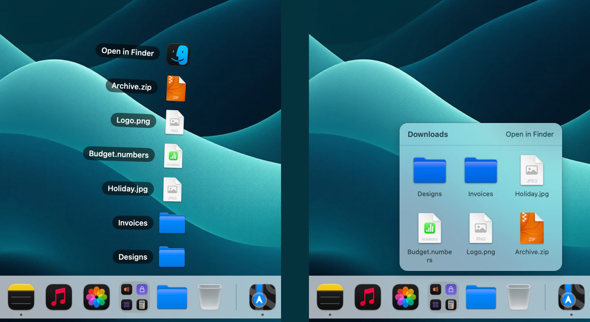 a pinned folder open as a fan, and the same folder open as a grid