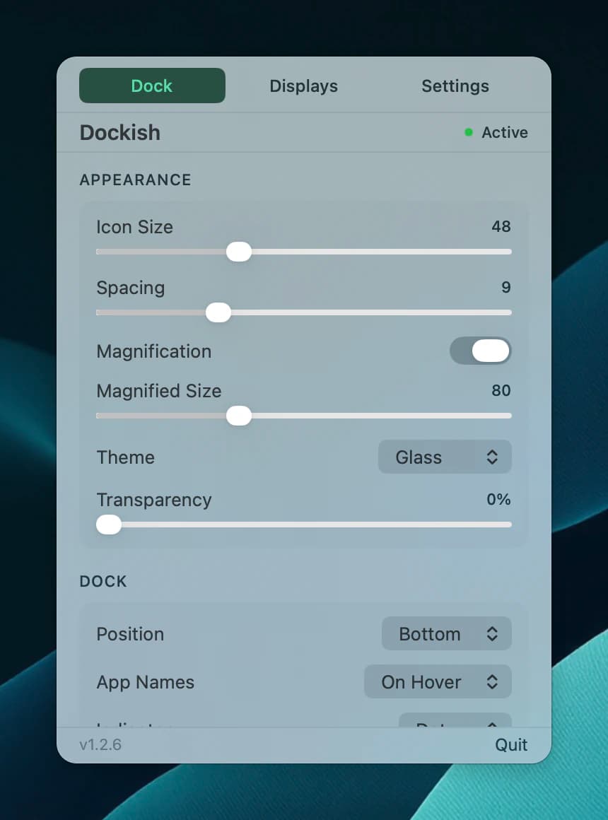 the Dockish panel open under its menu bar icon, on the Dock tab