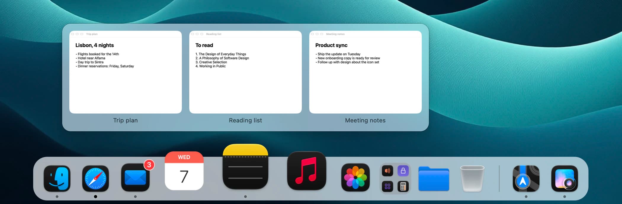 a preview of three windows above a dock icon