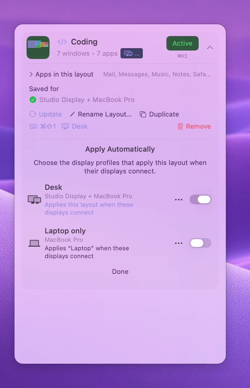 a layout card's Apply Automatically list with two profiles, one switched on