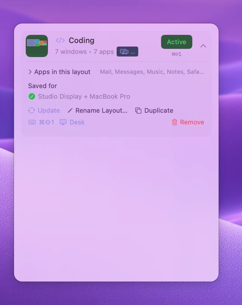an open layout card showing Apps in this layout, Saved for, and the two rows of buttons