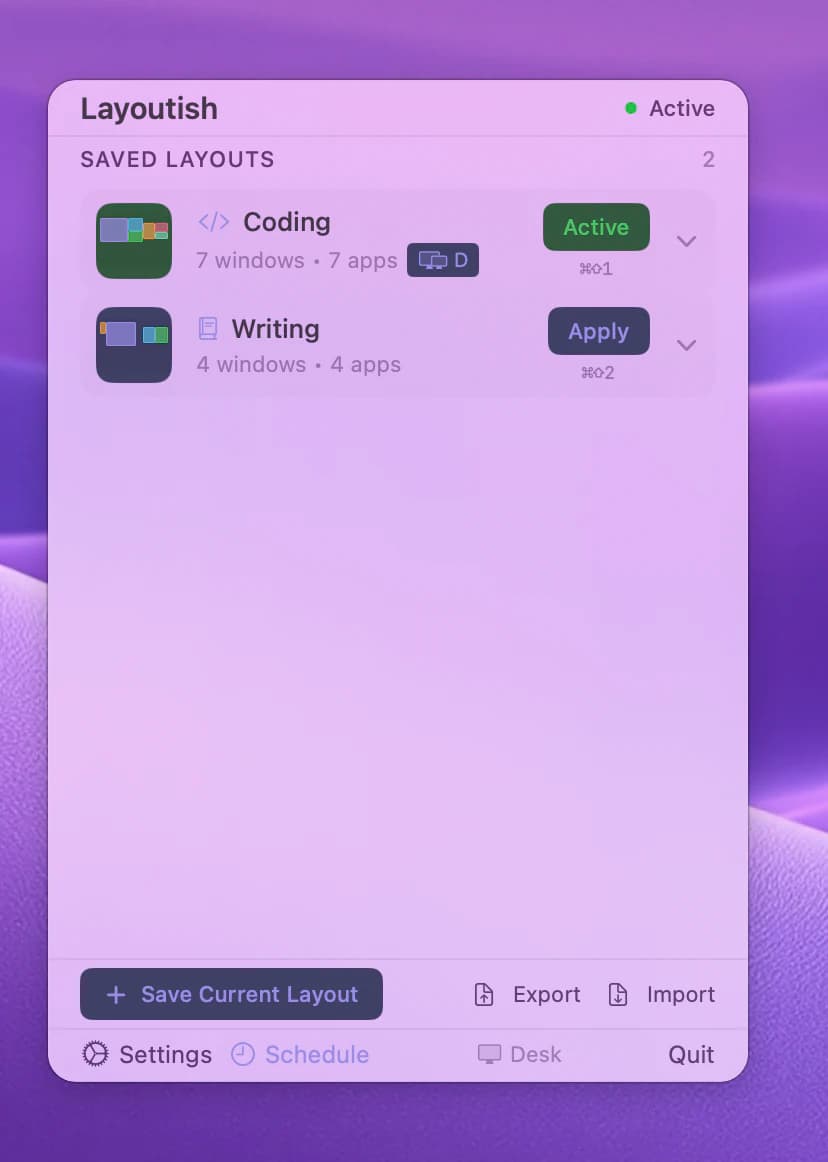 Layoutish's menu open under its menu bar icon, with two layouts
