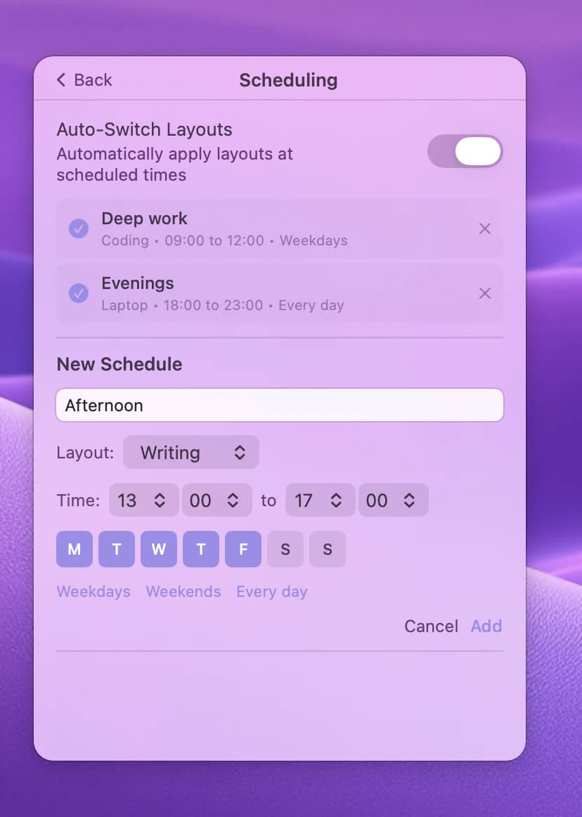 the New Schedule form with a layout, times and weekdays chosen