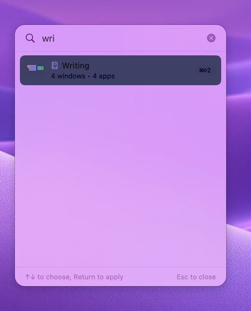 the Quick Switcher with a search typed and one layout highlighted