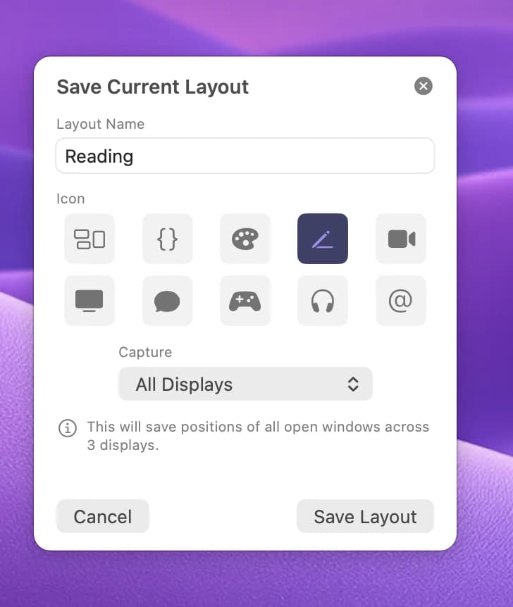 the Save Current Layout sheet with a name typed and an icon chosen