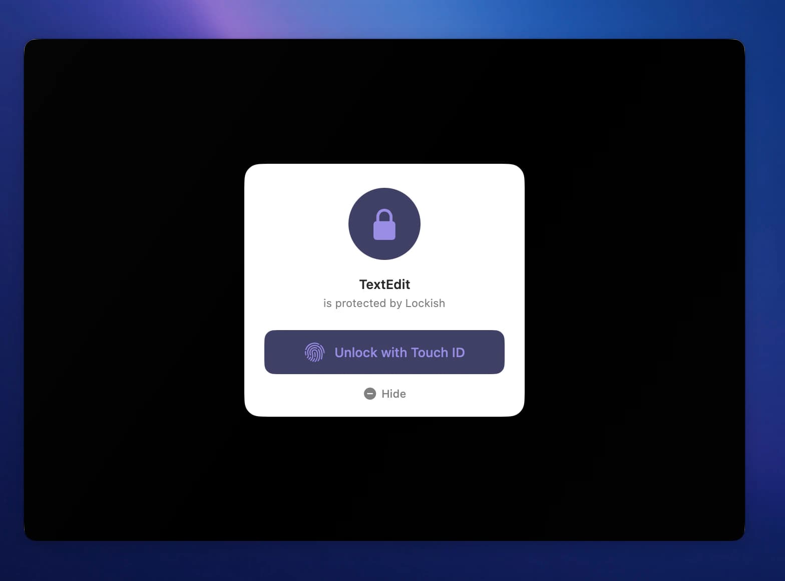 a locked app's window under its cover, with the lock card