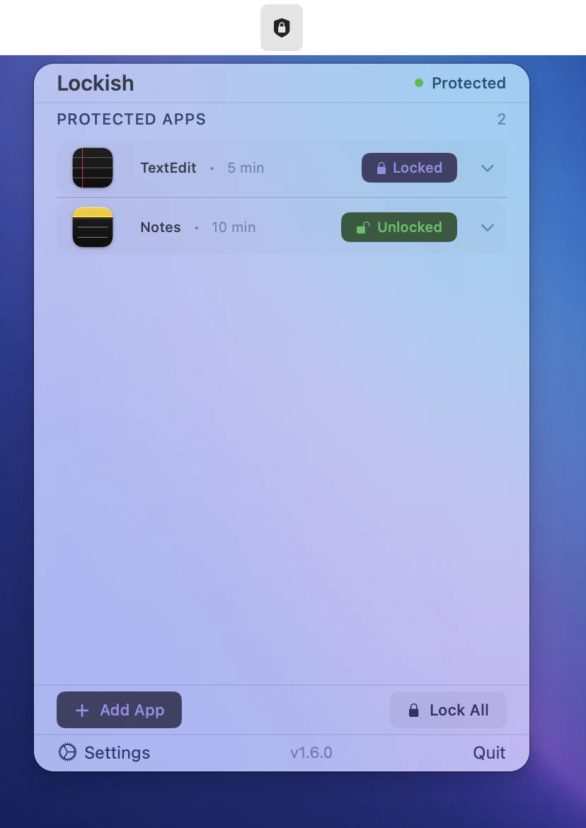 the Lockish panel open under its menu bar icon