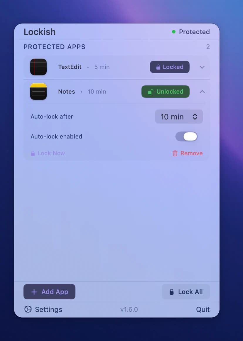 the panel with two protected apps, one Locked and one Unlocked, and one row open