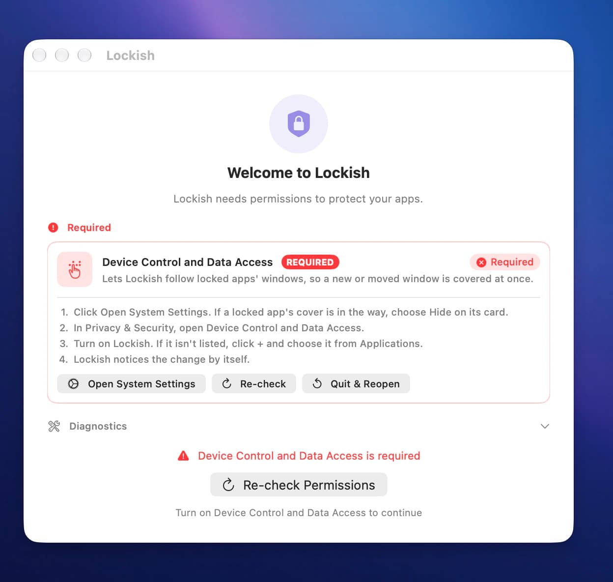 the Welcome to Lockish window with the permission card and its steps