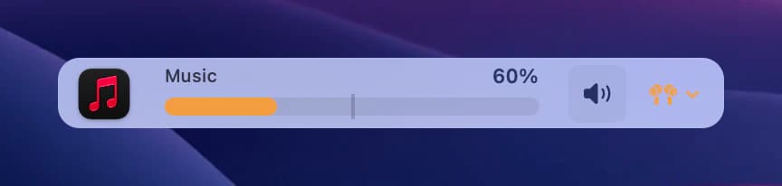 one app's row, with its slider at 60%, its mute button and its output button