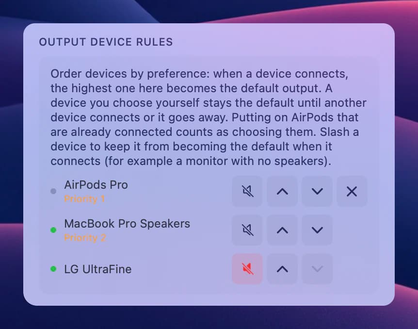 the Output Device Rules section with two ranked devices, one marked never default and one not connected