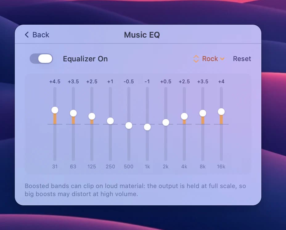 an app's equalizer page, on, with the Rock preset