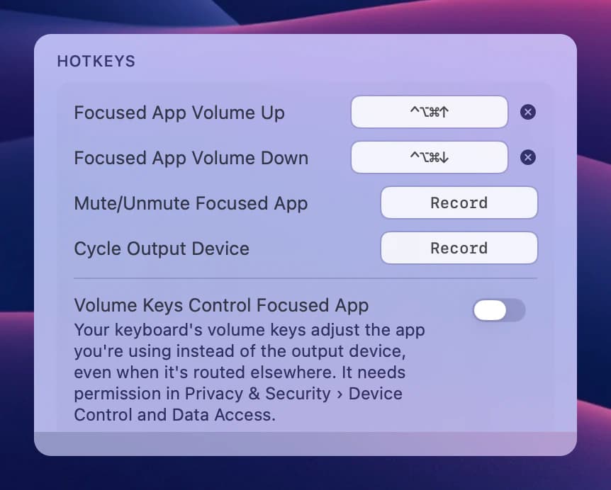 Settings, the Hotkeys section, with two hotkeys recorded and one box reading Record