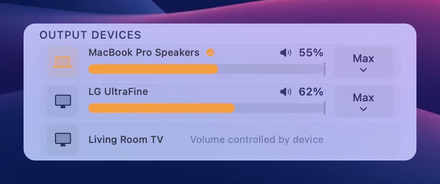 the Output Devices section with the default device marked, a monitor's slider and a row that reads Volume controlled by device
