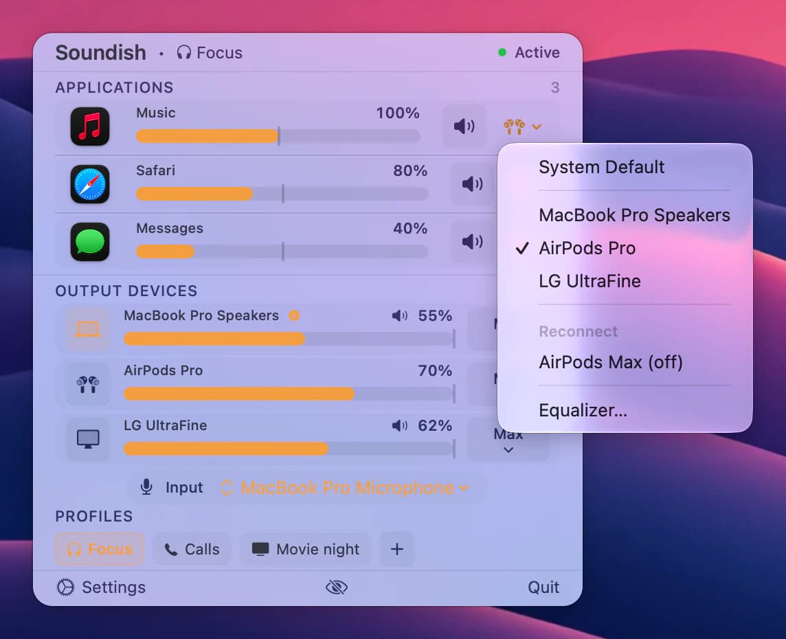 an app's output menu open, with System Default, three devices, Reconnect and Equalizer…