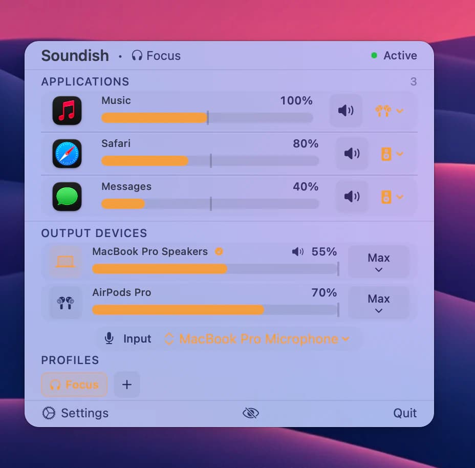 the Soundish panel open under its menu bar icon, with three apps, two output devices and a profile