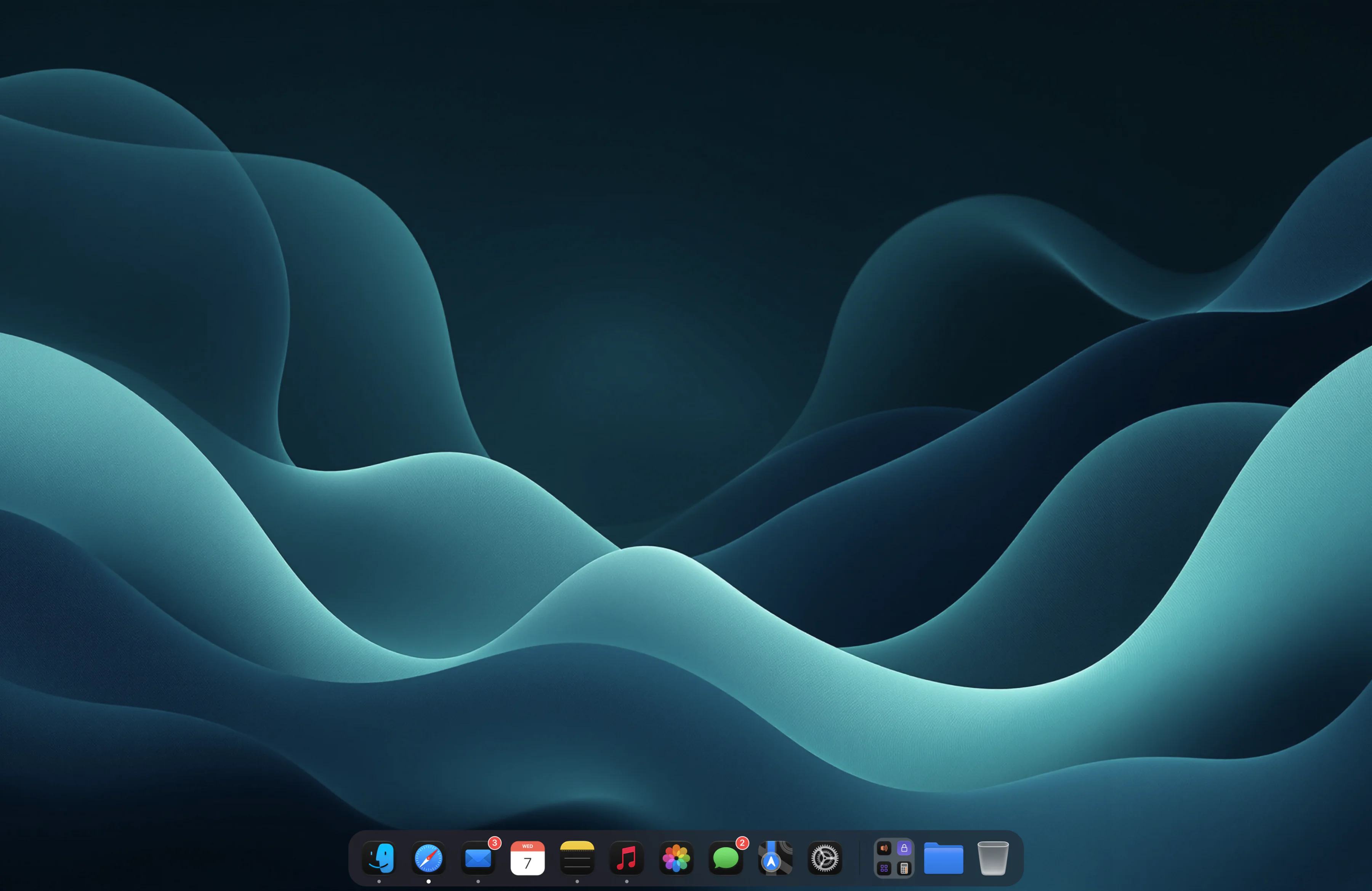 A Mac display with the Dockish dock along the bottom: Finder, Safari, Mail with an unread badge, Calendar, Notes, Music, Photos, Messages, Maps, System Settings, an app folder, a Finder folder and the Trash