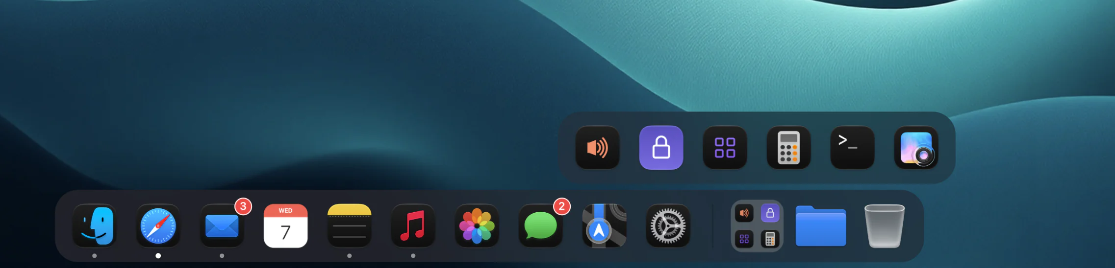 An app folder open above the Dockish dock, showing six apps in a row