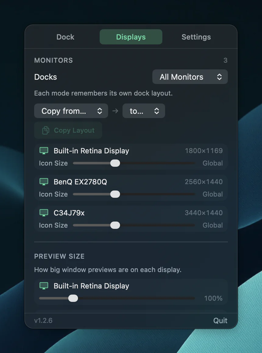 Dockish's Displays settings: a Docks mode menu set to All Monitors, a Copy Layout control, an icon size slider for the display, and three saved profiles named Desk, Laptop only and Presenting