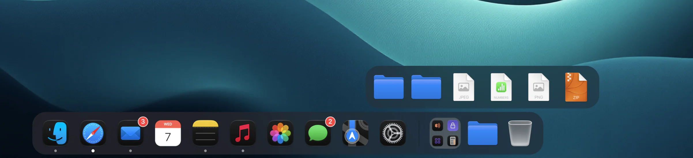 A Finder folder pinned in the Dockish dock, open as a stack showing two folders, two images, a spreadsheet and a zip file