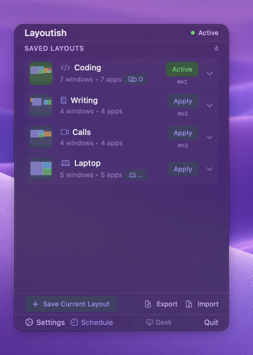 The Layoutish menu bar popover listing four saved layouts with Apply buttons and hotkeys