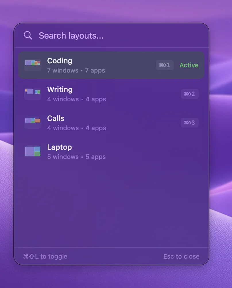 The Quick Switcher panel: a search field and the four layouts, each with its window count, app count and hotkey