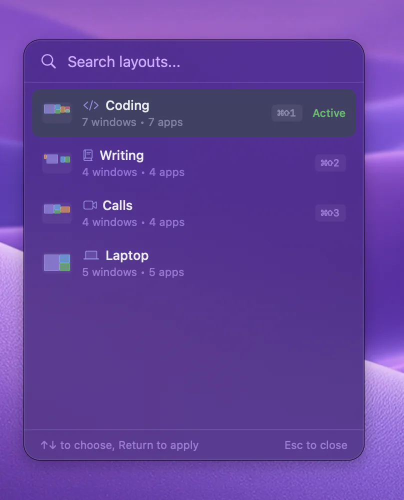 The Quick Switcher panel: a search field and the four layouts, each with its window count, app count and hotkey