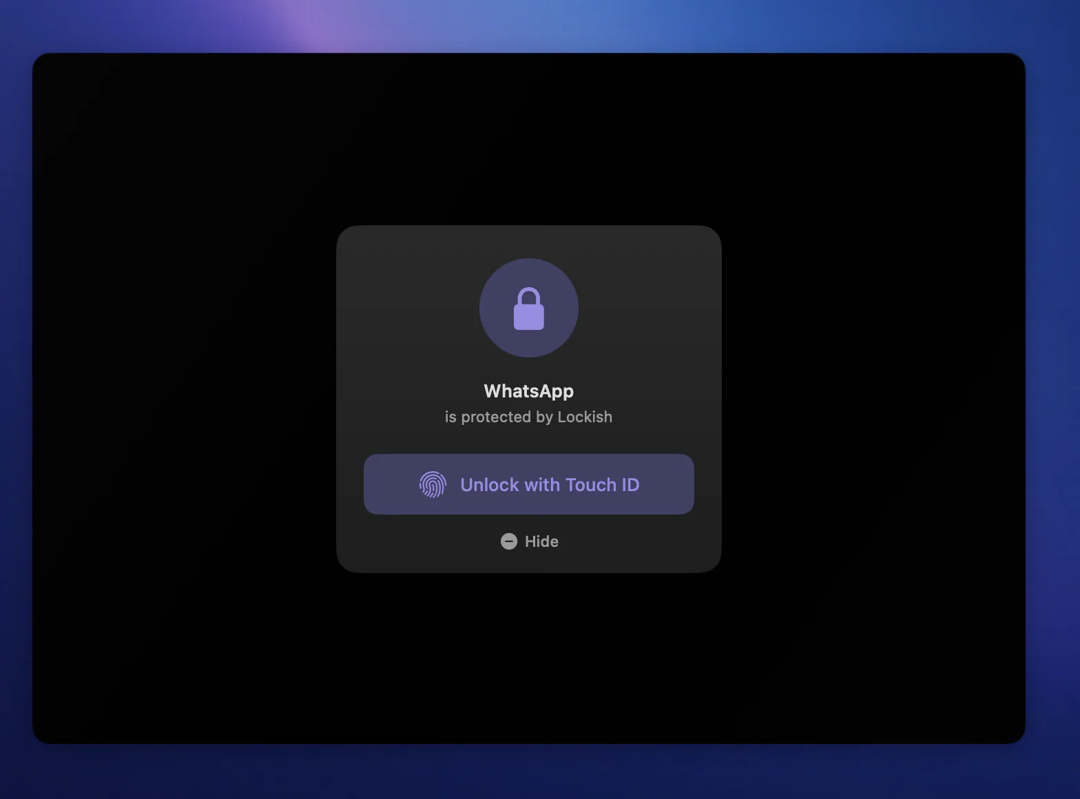A locked app window: dark, with a lock card that reads WhatsApp is protected by Lockish, an Unlock with Touch ID button and a Minimize link