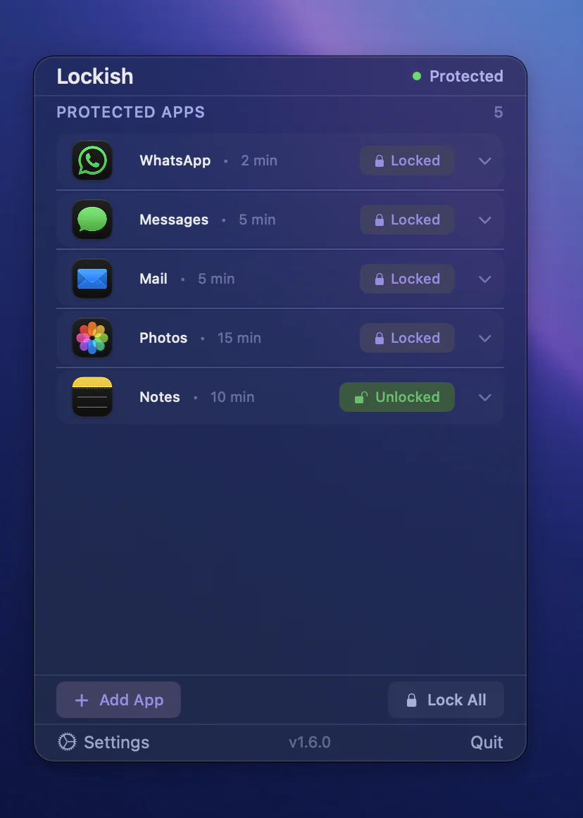 The Lockish menu bar popover with five protected apps, their auto-lock times and Locked or Unlocked badges