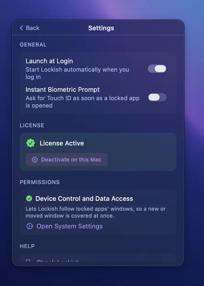 Lockish Settings: Launch at Login, the Instant Biometric Prompt switch, the licence with Deactivate on this Mac, and Device Control and Data Access with Open System Settings