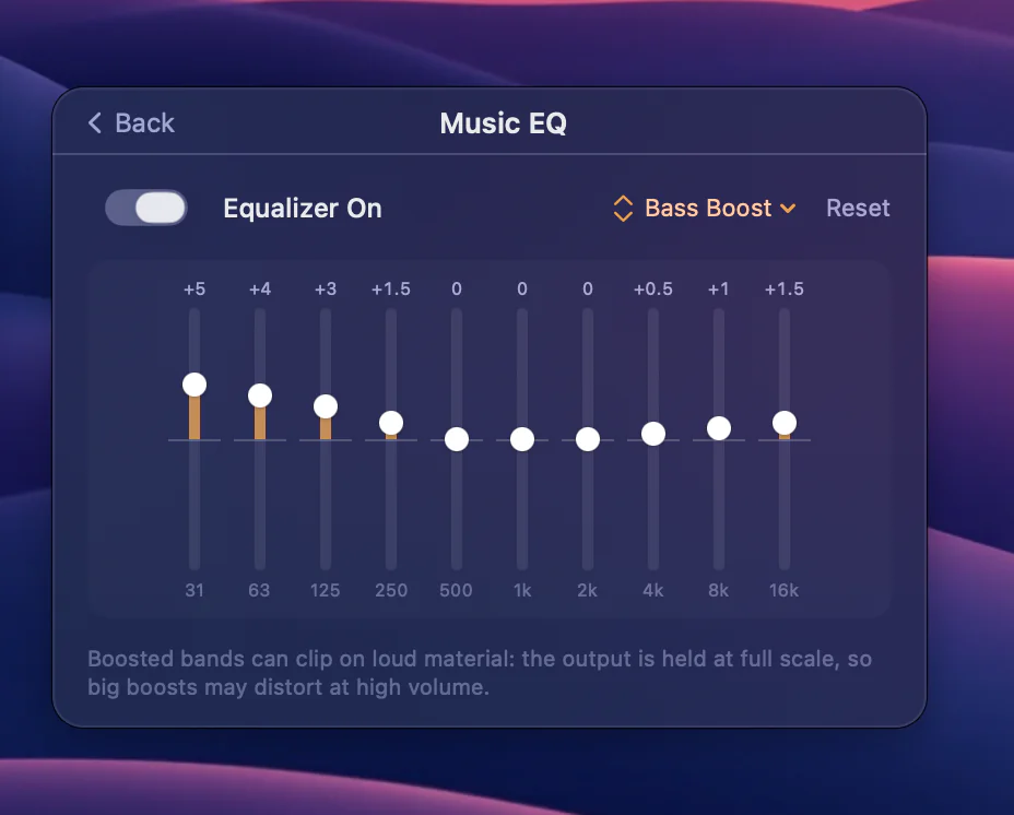 The Music EQ page: Equalizer On, the Bass Boost preset, and ten vertical sliders from 31 Hz to 16 kHz