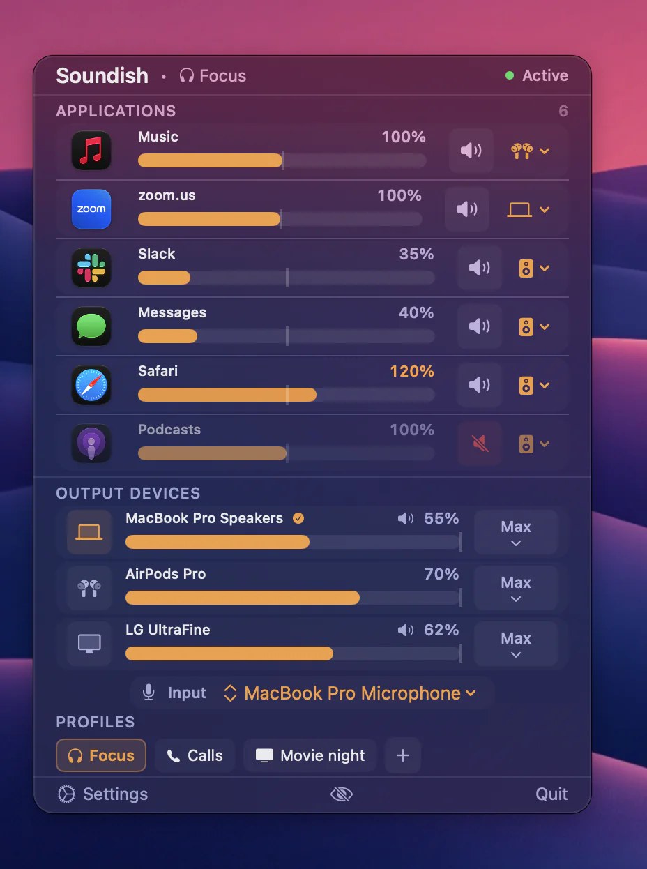 The Soundish menu bar popover: a volume slider, mute button and output menu for each running app, sliders for each output device, and saved profiles