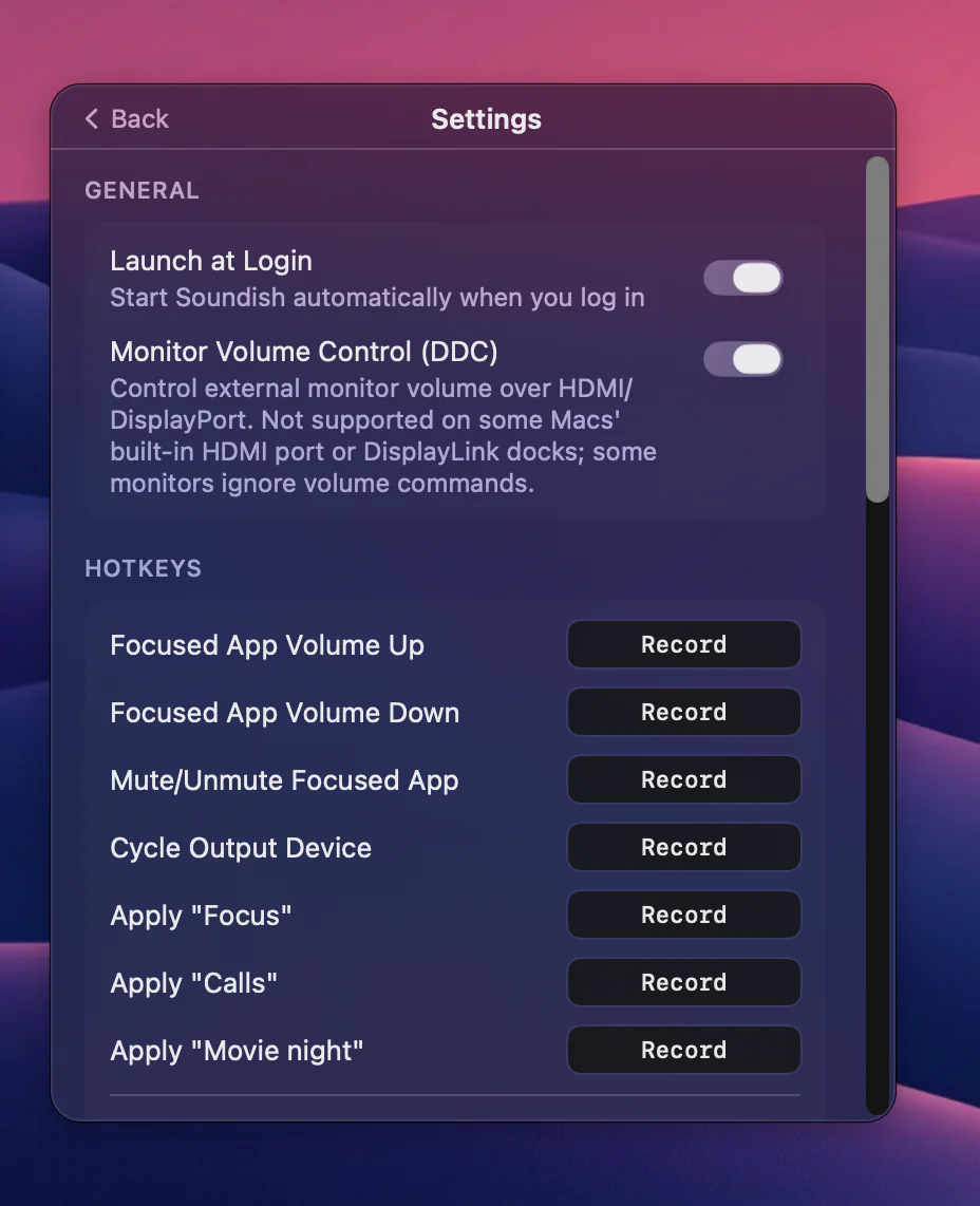 Soundish Settings: Launch at Login, the Monitor Volume Control toggle, and hotkey recorders for focused app volume up and down, mute, cycle output device and each saved profile